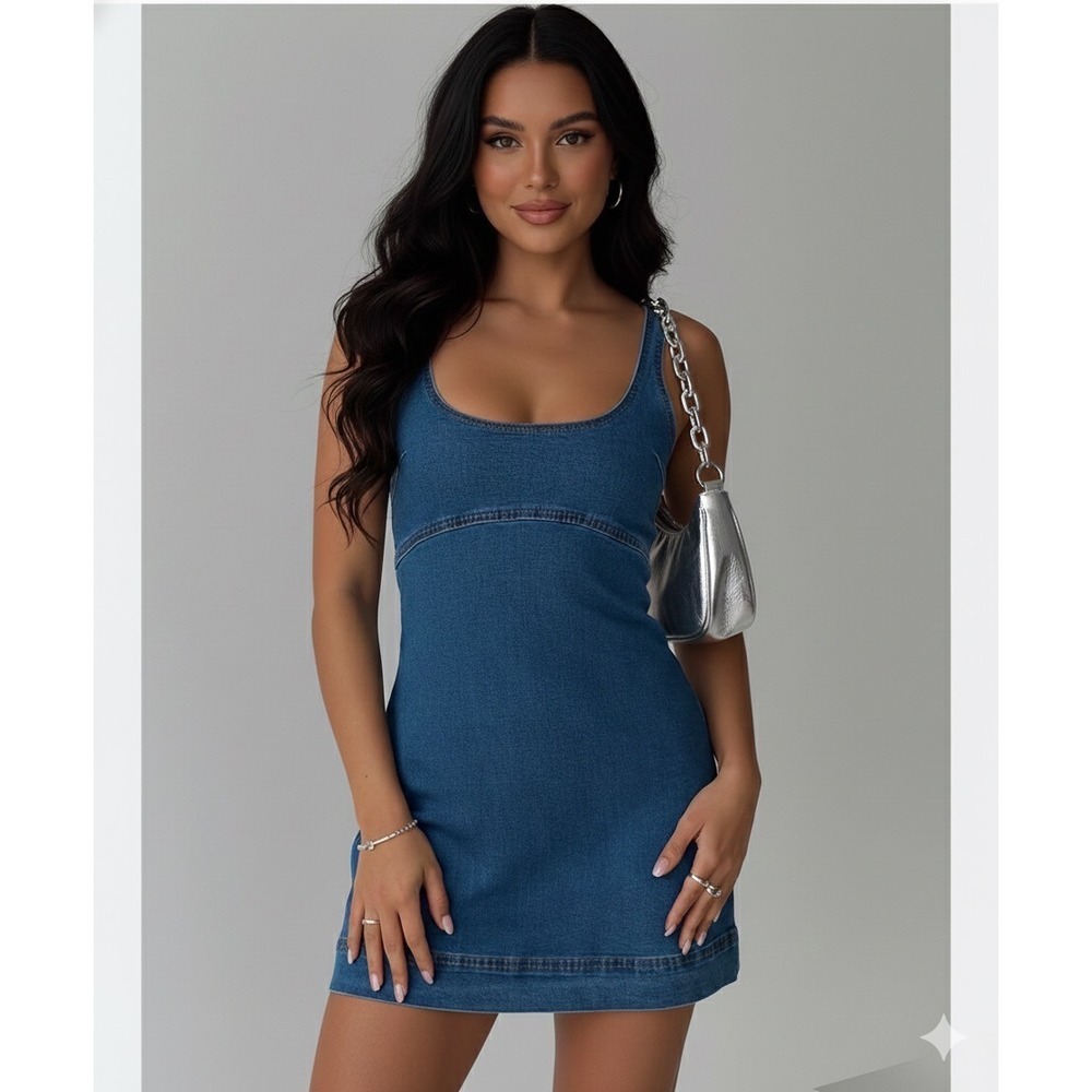 Princess Polly Blue Denim Scoop Neck Mini Dress Sleeveless Side Zip US 
8